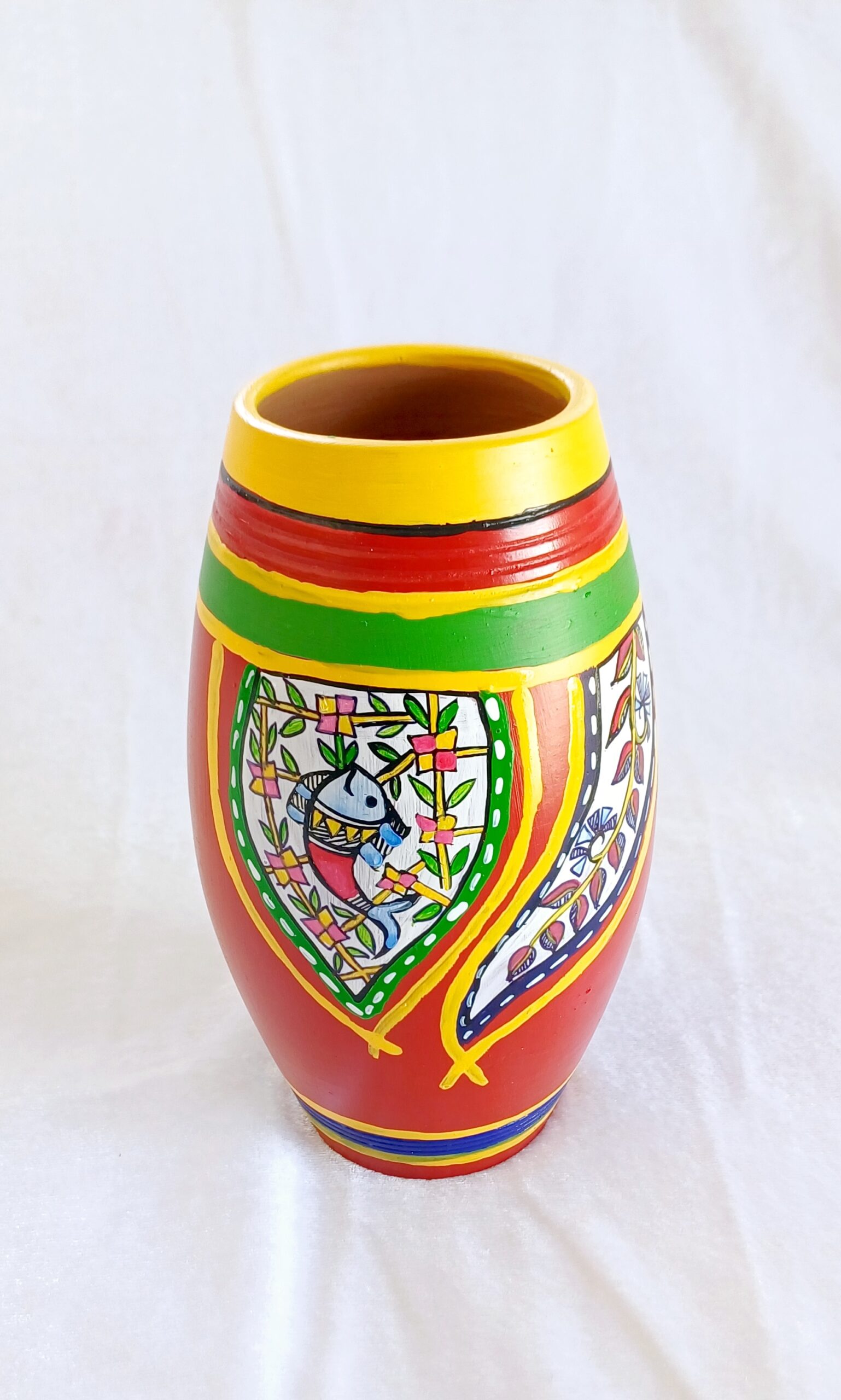 Handcrafted Terracotta Vase with Mandala Fish Art, Red and Yellow, 20 cm