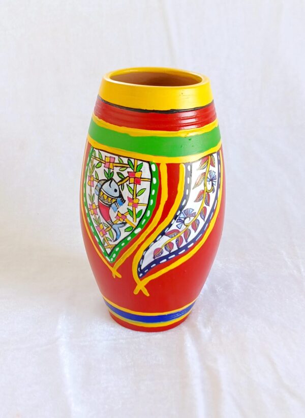 Handcrafted Terracotta Vase with Mandala Fish Art, Red and Yellow, 20 cm - Image 3
