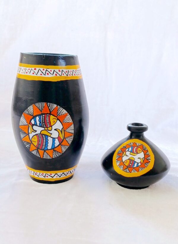 Terracotta Vase Set, Mandala Art with Fish Design, Black and Yellow, Set of 2 - Image 3
