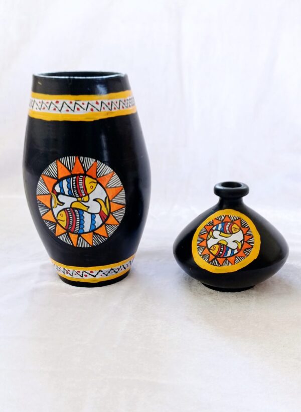Terracotta Vase Set, Mandala Art with Fish Design, Black and Yellow, Set of 2 - Image 4