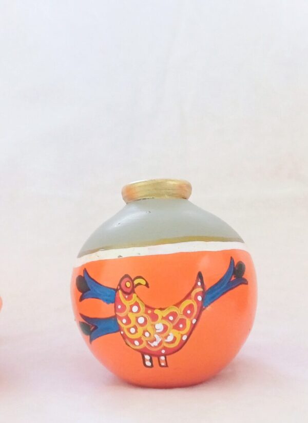 Decorative Ceramic Vases with Bird Design, Orange and Grey, Set of 3