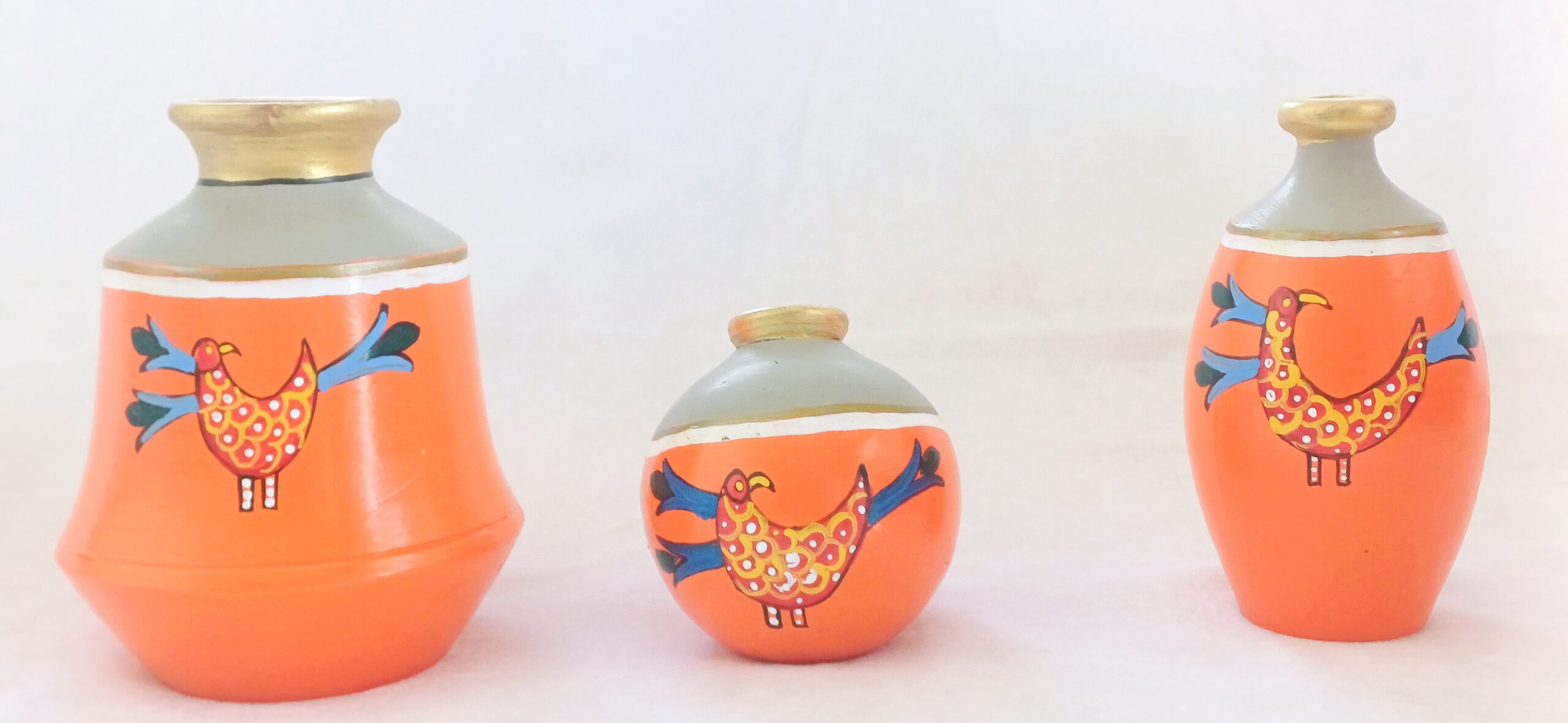 Decorative Ceramic Vases with Bird Design, Orange and Grey, Set of 3