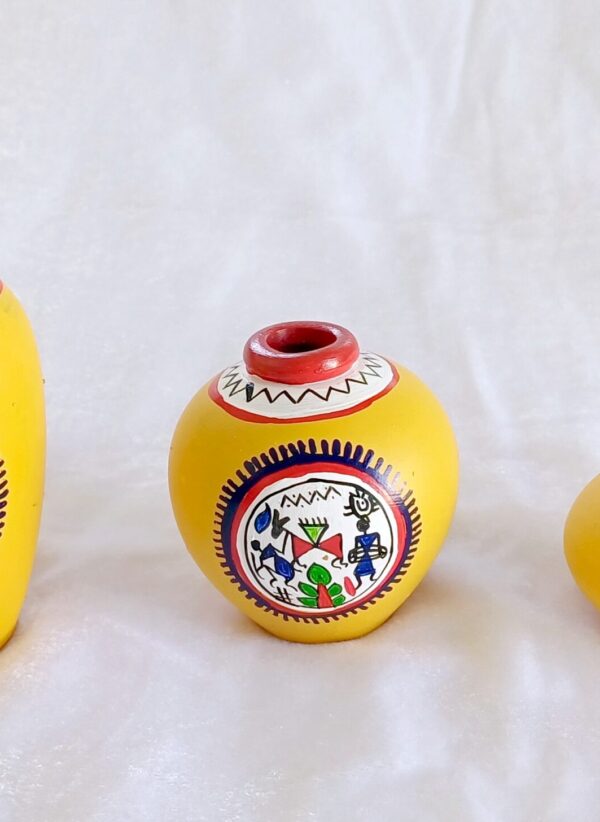 Decorative Terracotta Vases with Tribal Mandala Design, Yellow and Red, Set of 3 - Image 2