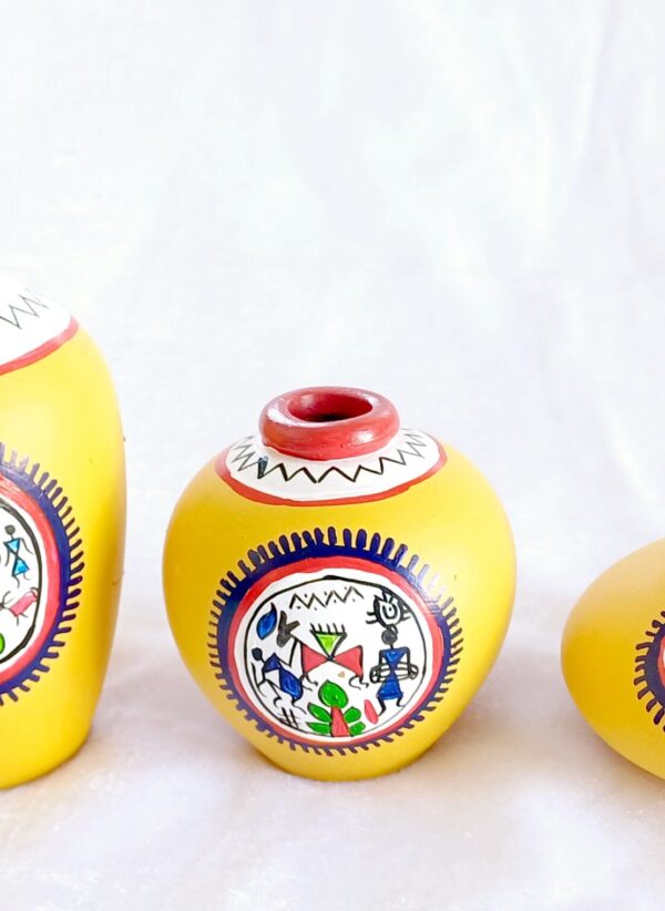 Decorative Terracotta Vases with Tribal Mandala Design, Yellow and Red, Set of 3 - Image 3
