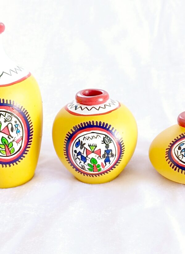 Decorative Terracotta Vases with Tribal Mandala Design, Yellow and Red, Set of 3 - Image 4