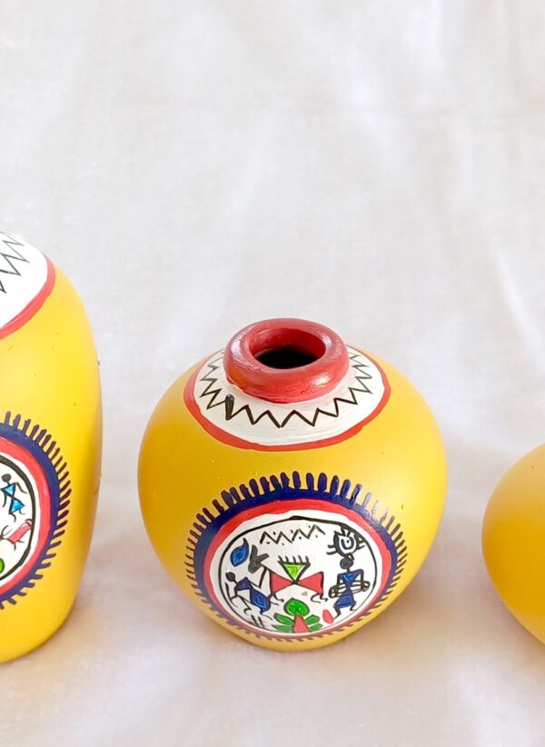 Decorative Terracotta Vases with Tribal Mandala Design, Yellow and Red, Set of 3 - Image 5