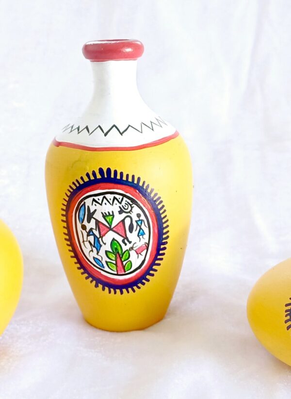 Decorative Terracotta Vases with Tribal Mandala Design, Yellow and Red, Set of 3