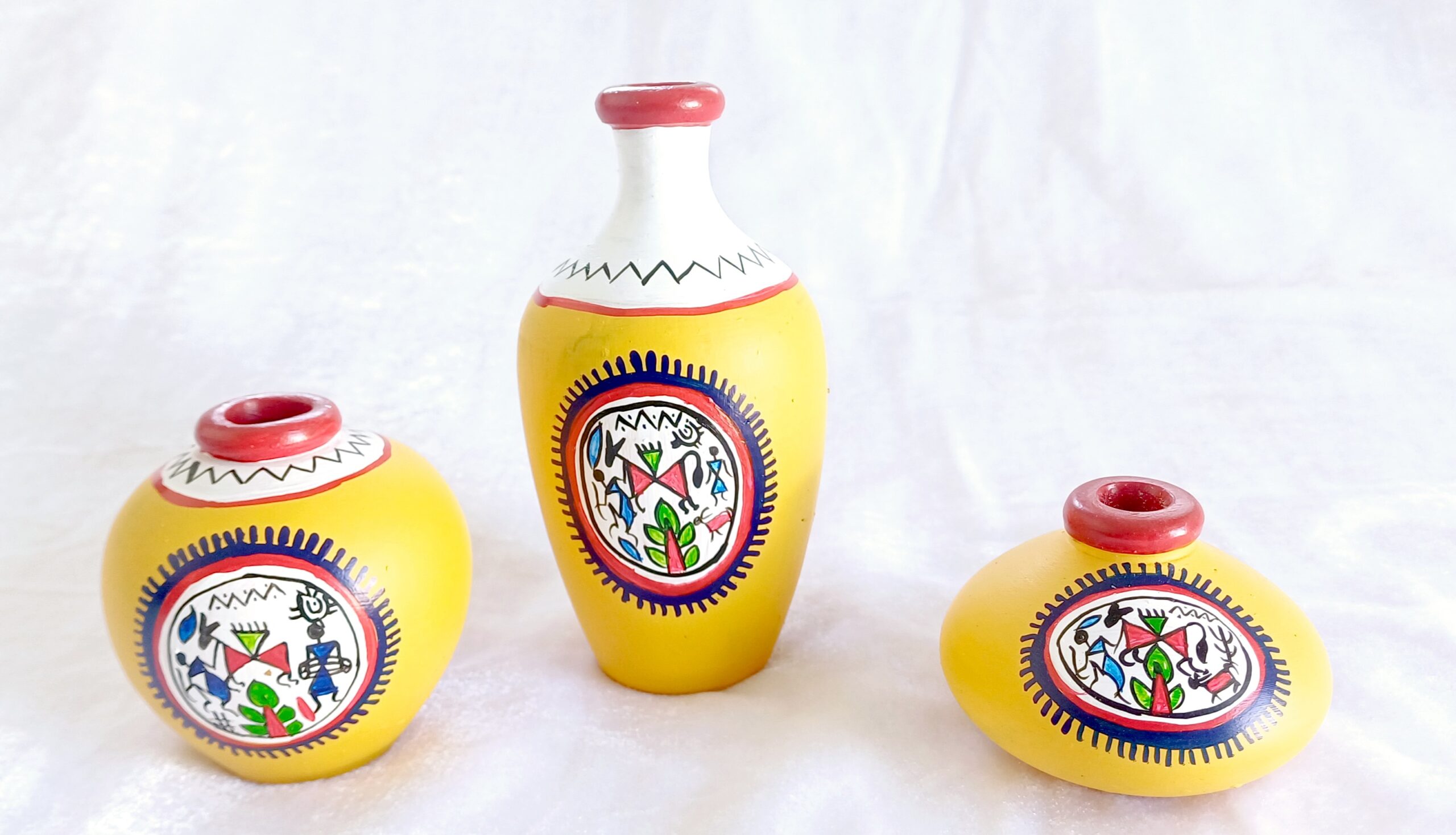 Decorative Terracotta Vases with Tribal Mandala Design, Yellow and Red, Set of 3