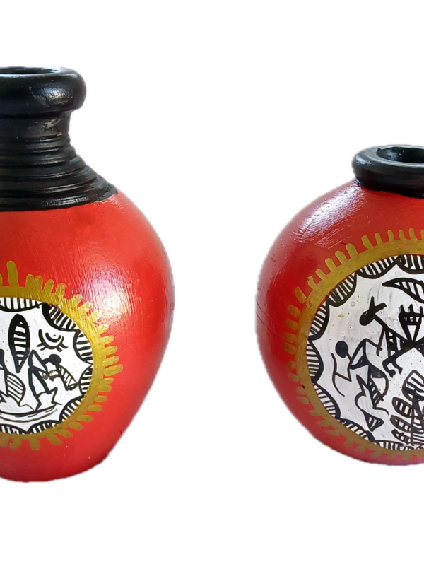 Decorative Terracotta Vases with Tribal Art, Red and Black, 2-Piece Set