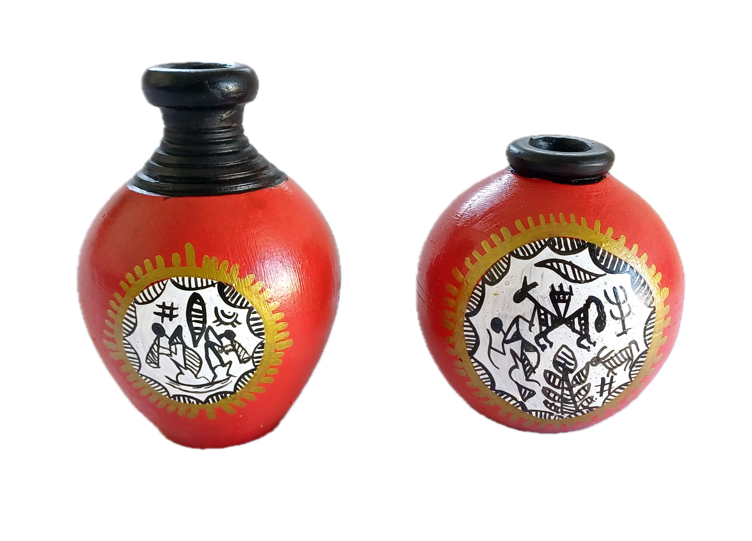 Decorative Terracotta Vases with Tribal Art, Red and Black, 2-Piece Set