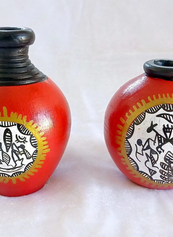 Decorative Terracotta Vases with Tribal Art, Red and Black, 2-Piece Set - Image 3