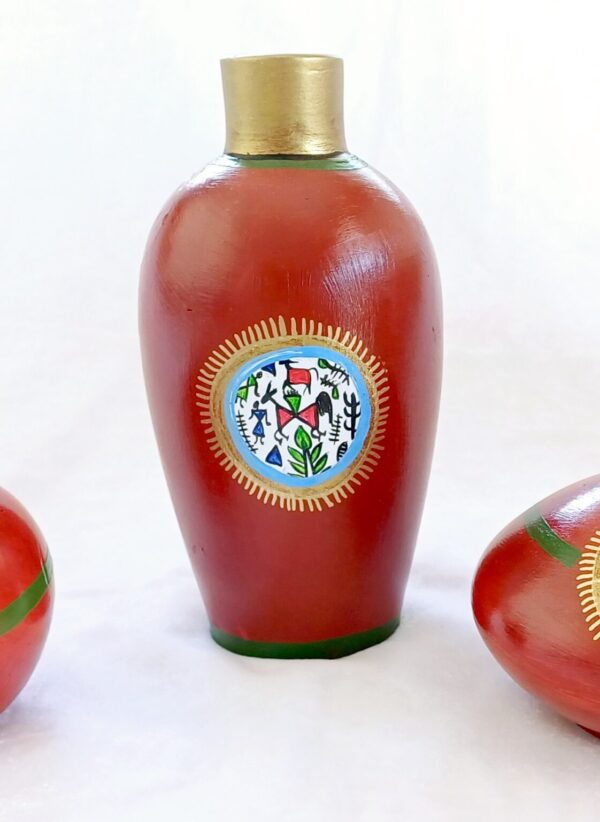 Terracotta Vase Set, Mandala Art with Dance Design, Brown and Golden Colour, 3 Pieces