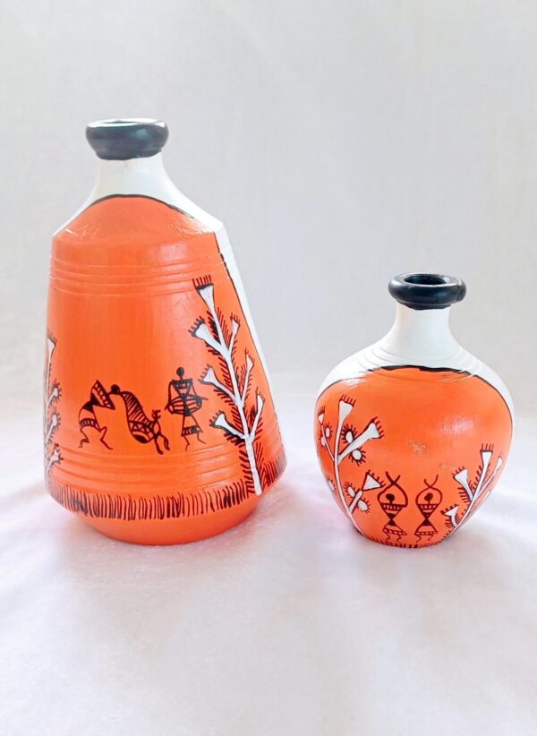 Terracotta Decorative Vases with Mandala Art, Dance and Trees Design, Orange and White, Set of 2 - Image 2