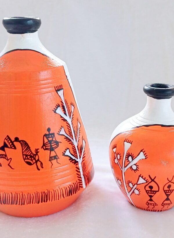 Terracotta Decorative Vases with Mandala Art, Dance and Trees Design, Orange and White, Set of 2