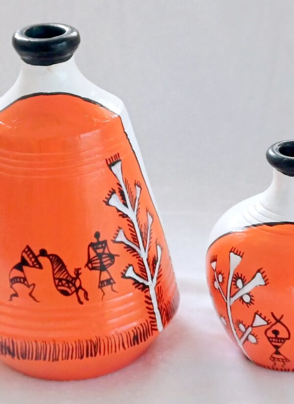 Terracotta Decorative Vases with Mandala Art, Dance and Trees Design, Orange and White, Set of 2 - Image 4
