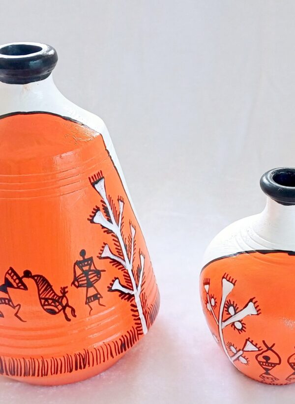 Terracotta Decorative Vases with Mandala Art, Dance and Trees Design, Orange and White, Set of 2 - Image 5