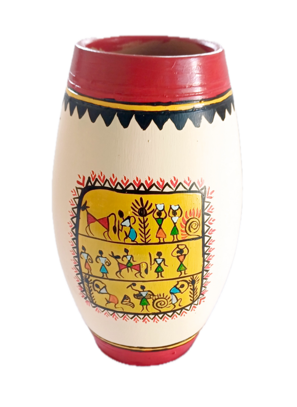 Decorative Terracotta Vase with Warli Art, Traditional Tribal Design, Cream and Red, Cylindrical Shape - Image 2