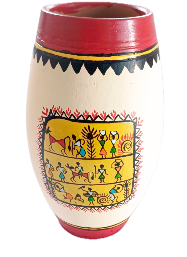 Decorative Terracotta Vase with Warli Art, Traditional Tribal Design, Cream and Red, Cylindrical Shape - Image 3
