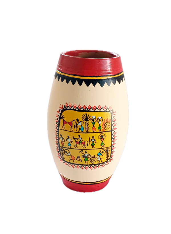 Decorative Terracotta Vase with Warli Art, Traditional Tribal Design, Cream and Red, Cylindrical Shape - Image 4