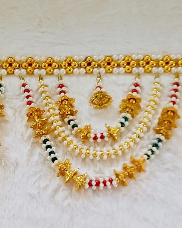 Fur with Green, Red & Golden color pearls - White & Golden - Image 3
