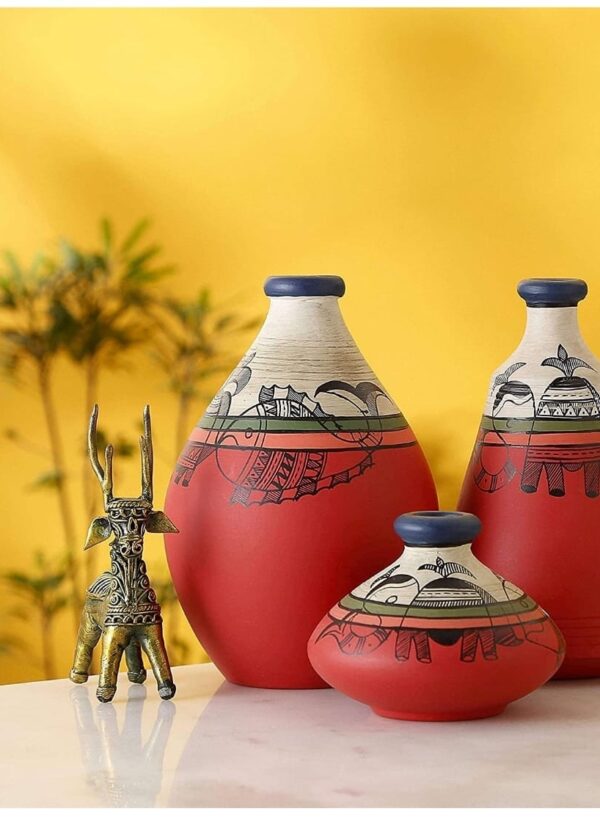 Terracotta Vase Set, Elephant and Fish Design, Red and White, Set of 3