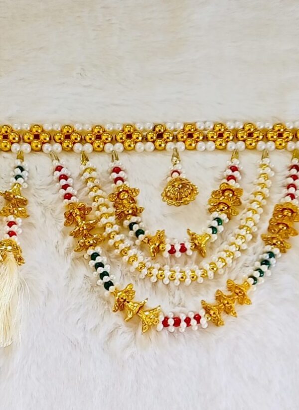 Fur with Green, Red & Golden color pearls - White & Golden - Image 2