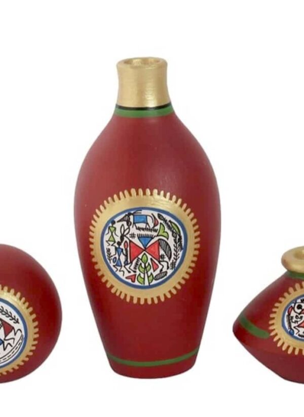 Terracotta Vase Set, Mandala Art with Dance Design, Brown and Golden Colour, 3 Pieces - Image 3