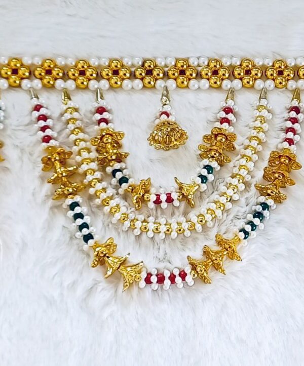 Fur with Green, Red & Golden color pearls - White & Golden
