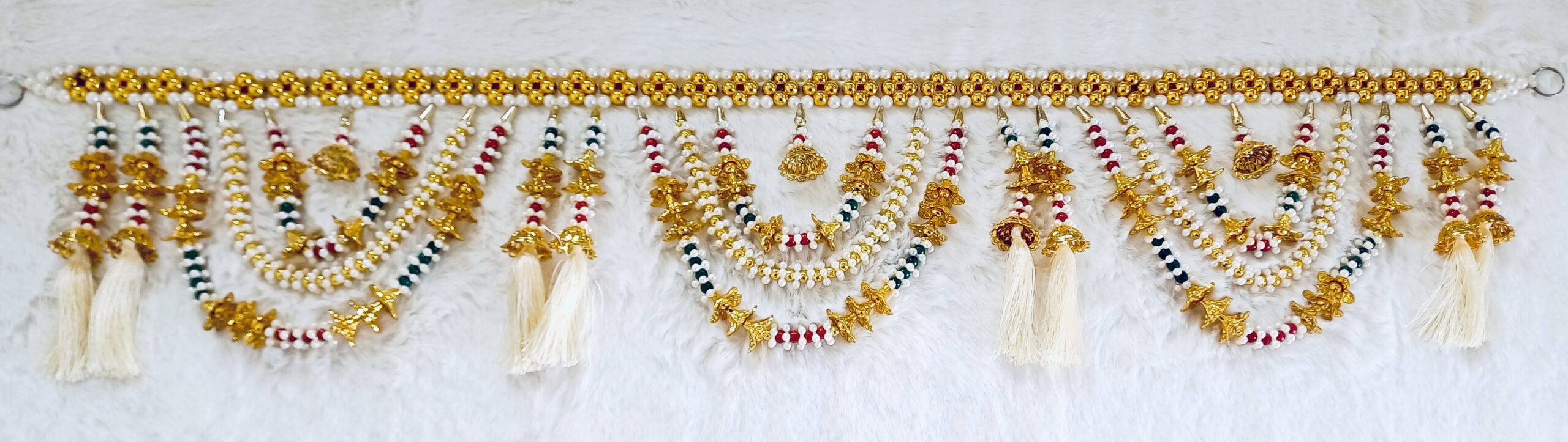 Fur with Green, Red & Golden color pearls - White & Golden
