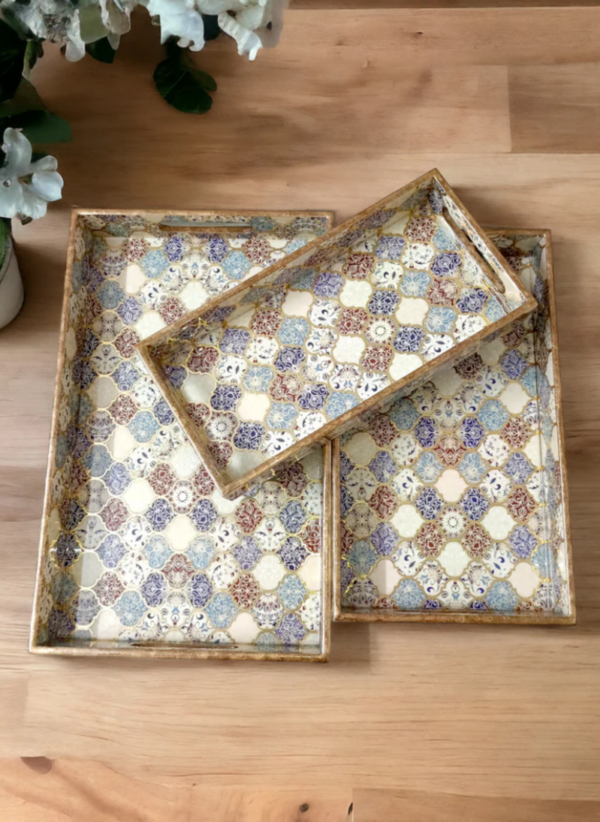 Wooden Rectangle Kitchen Serving Tray - Colorful window film design with Brown, Light Blue and Navy Blue Color - Set of 3