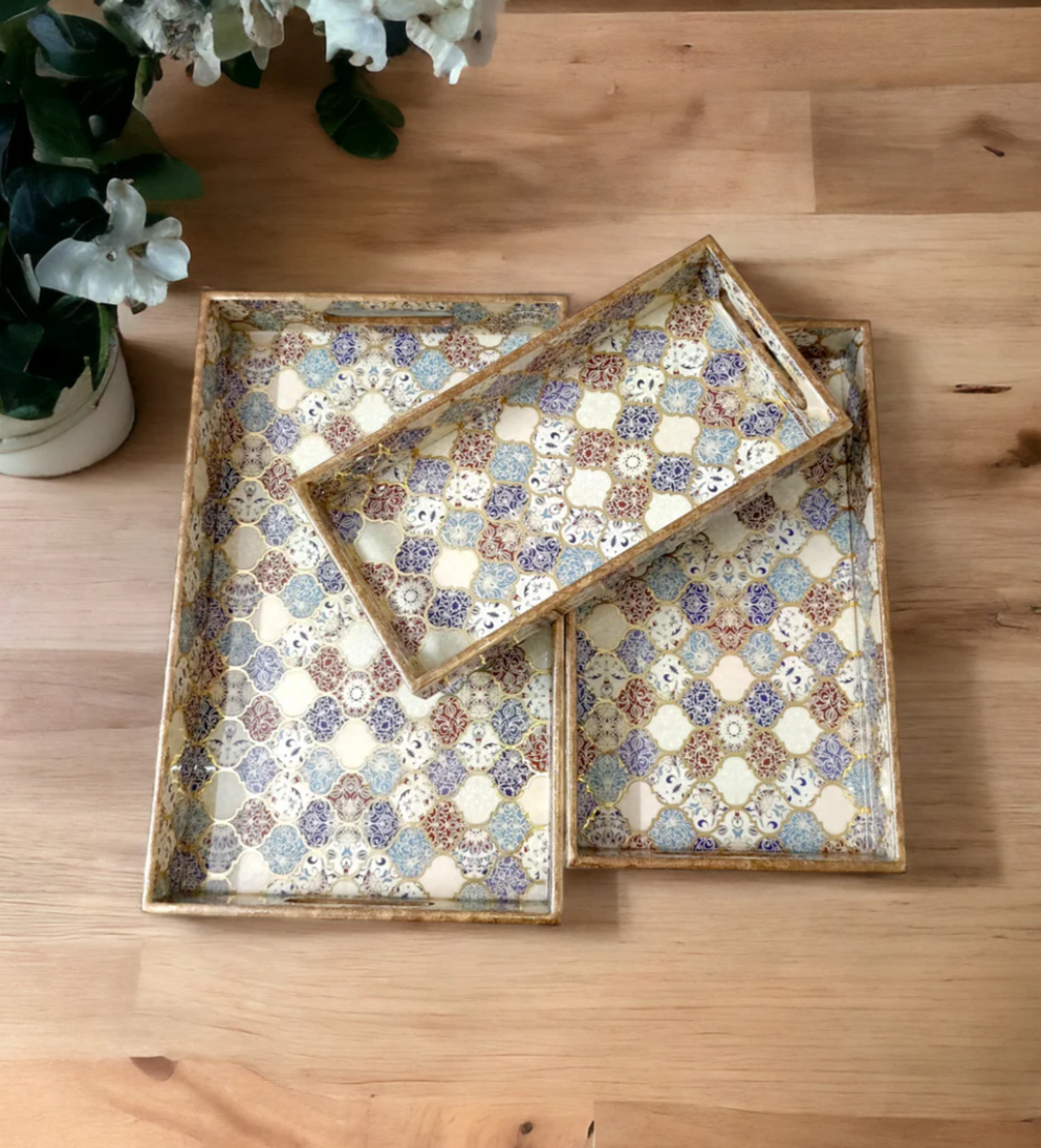 Wooden Rectangle Kitchen Serving Tray - Colorful window film design with Brown, Light Blue and Navy Blue Color - Set of 3