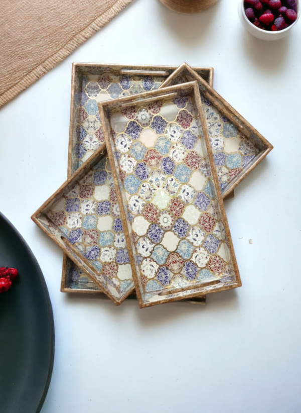 Wooden Rectangle Kitchen Serving Tray - Colorful window film design with Brown, Light Blue and Navy Blue Color - Set of 3 - Image 2