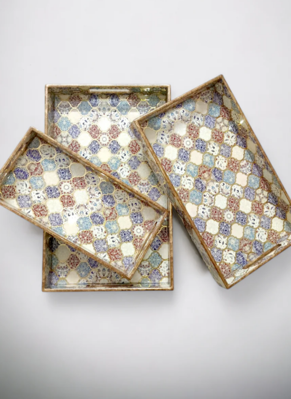 Wooden Rectangle Kitchen Serving Tray - Colorful window film design with Brown, Light Blue and Navy Blue Color - Set of 3 - Image 6