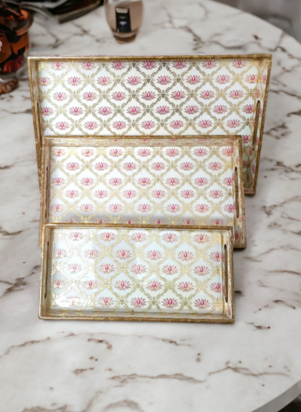 Decorative Wooden Serving Trays, Lotus Pattern - Set of 3