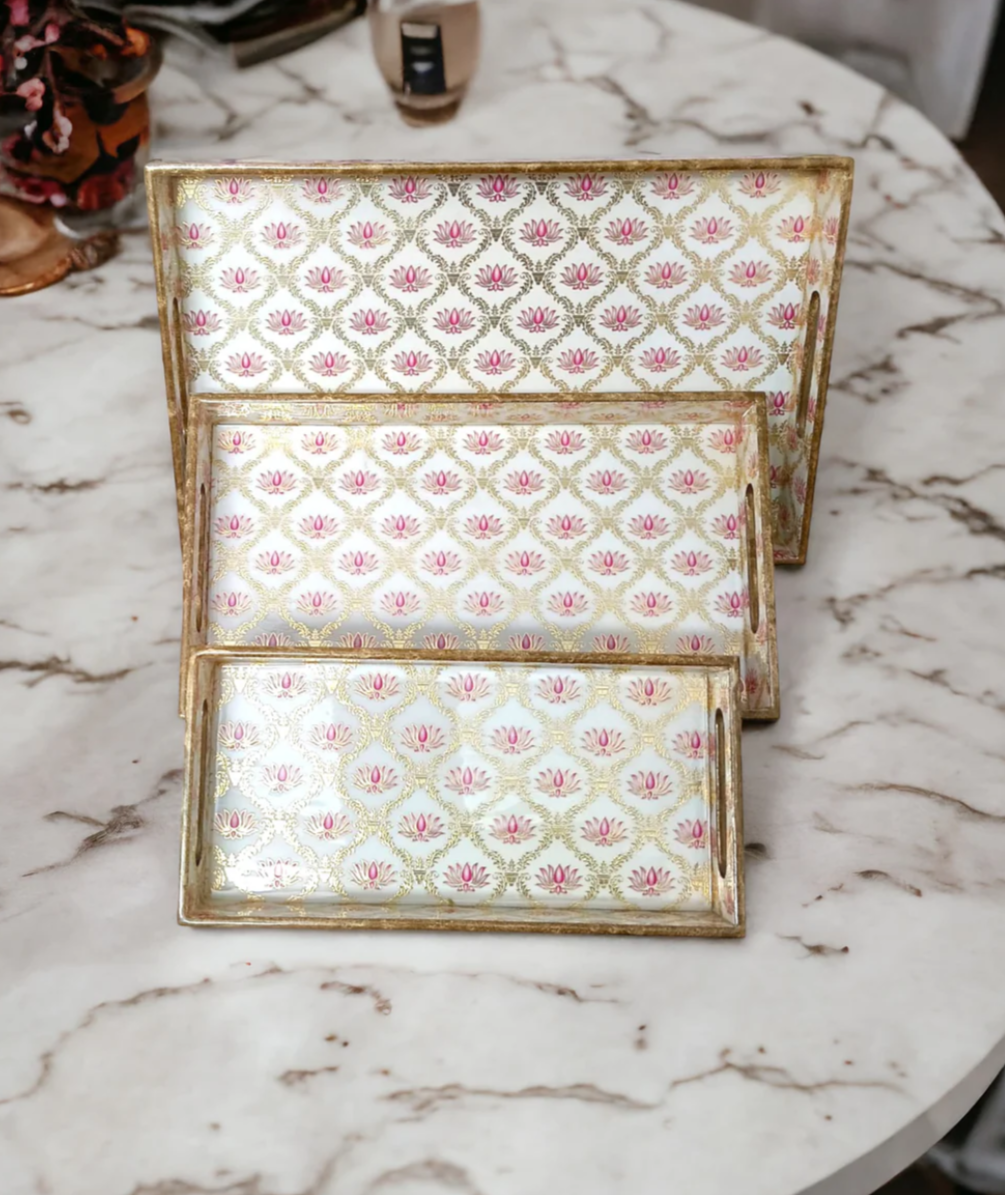 Decorative Wooden Serving Trays, Lotus Pattern - Set of 3