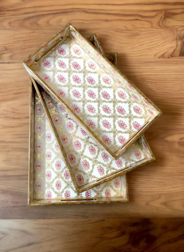 Decorative Wooden Serving Trays, Lotus Pattern - Set of 3 - Image 2