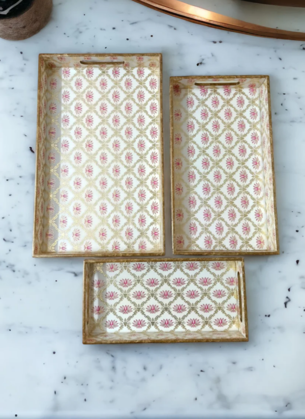 Decorative Wooden Serving Trays, Lotus Pattern - Set of 3 - Image 4