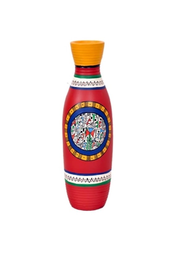 Handcrafted Terracotta Decorative Vase with Mandala Design, Red and Yellow, Traditional Indian Art
