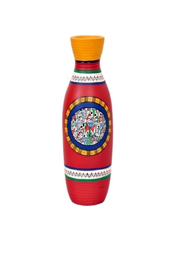 Handcrafted Terracotta Decorative Vase, Traditional Mandala Design, Red and Yellow, 1-Piece