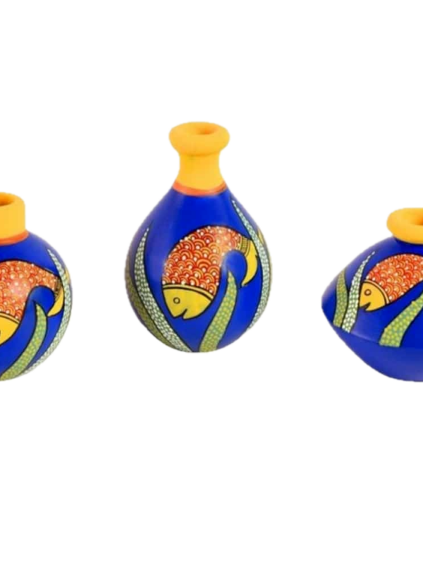Decorative Terracotta Vases with Fish Design, Navy Blue and Yellow, Set of 3