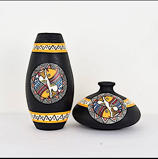 Terracotta Vase Set, Mandala Art with Fish Design, Black and Yellow, Set of 2