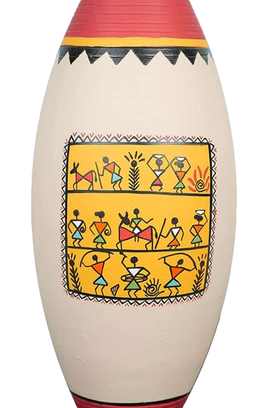 Decorative Terracotta Vase with Warli Art, Traditional Tribal Design, Cream and Red, Cylindrical Shape