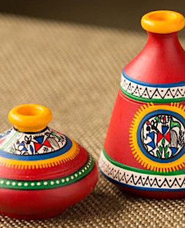 Terracotta Vase - Mandala Art Design in Red and Yellow Colour, Set of 2