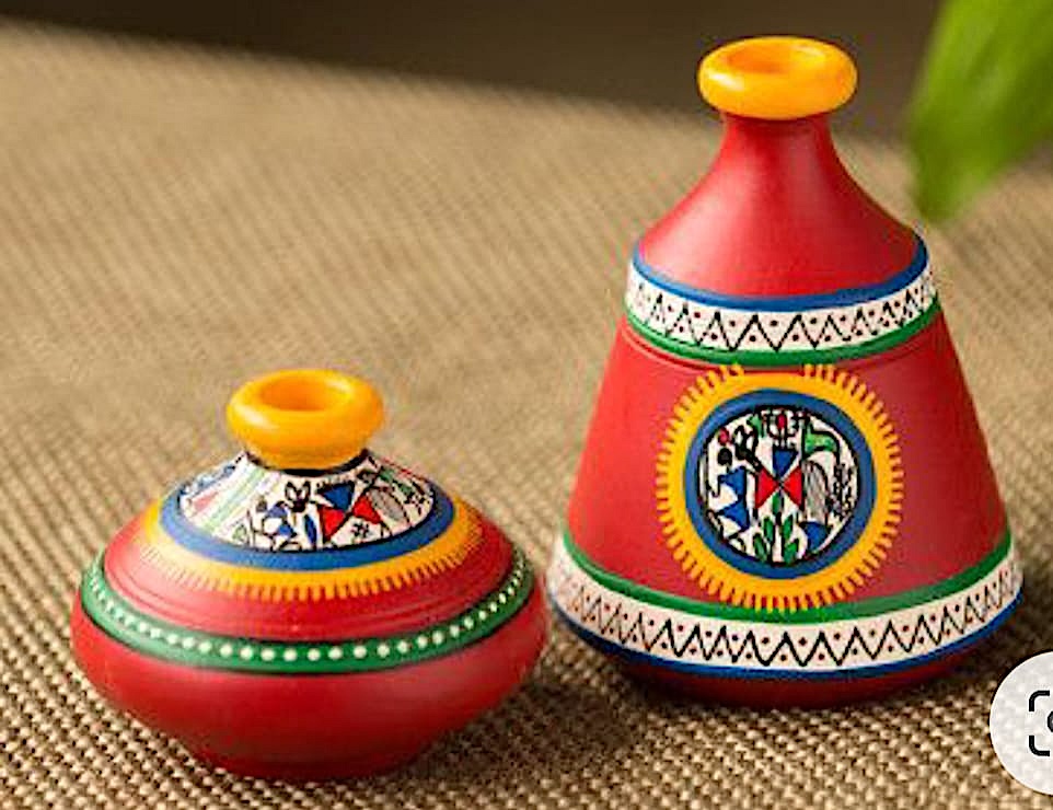 Terracotta Vase - Mandala Art Design in Red and Yellow Colour, Set of 2
