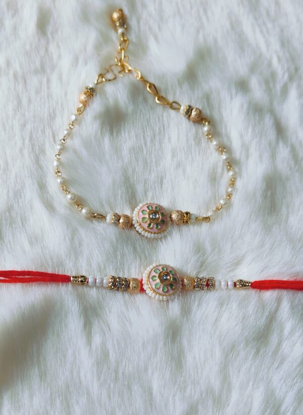 Couple Rakhi with White, Green and Pink color with Flower Design - Image 2
