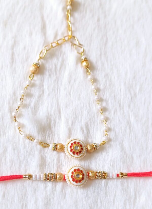 Couple Rakhi with White, Yellow and Red color with Flower Design with white background - Image 2
