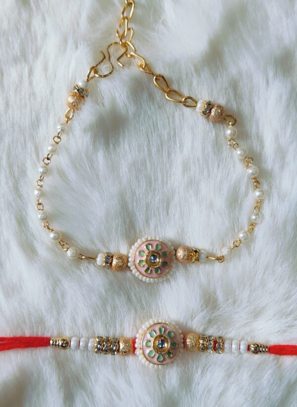 Couple Rakhi with White, Green and Pink color with Flower Design - Image 4