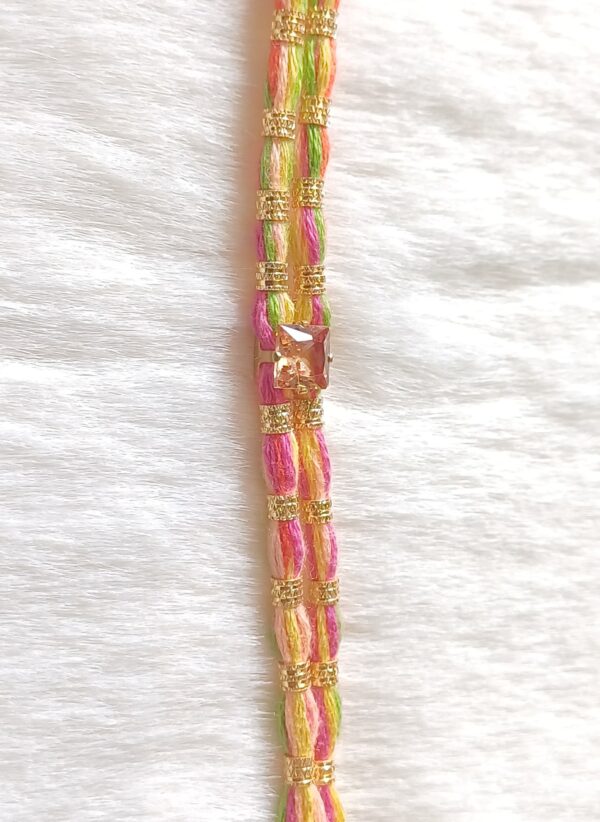 Green, Yellow, Pink, Orange color with Purple diamond design Rakhi