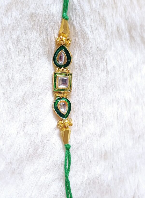 Green and Golden color with Square pearl Rakhi - Image 2