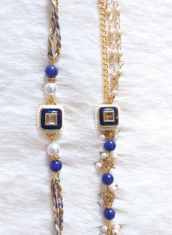 Couple Rakhi with Blue and Golden color with pearls